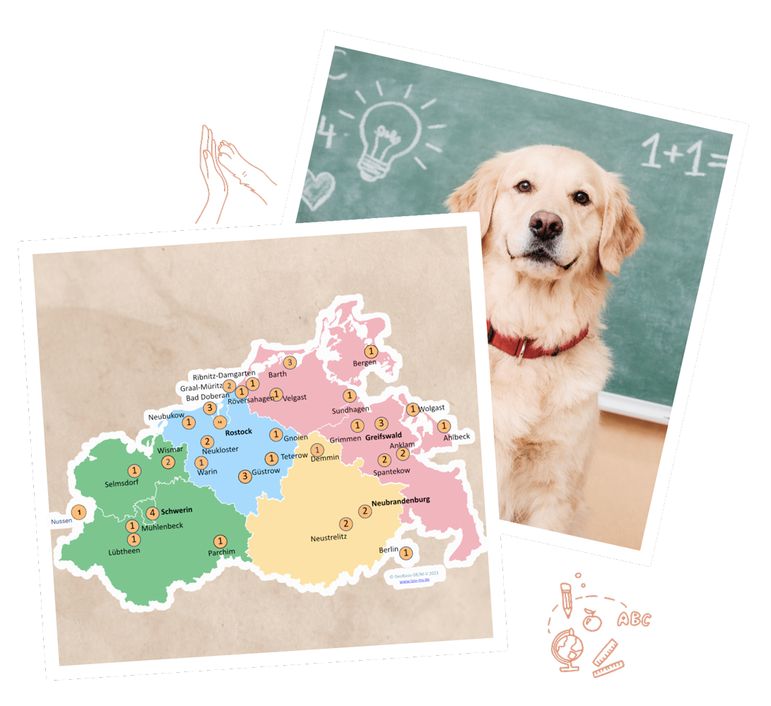 Header-Arbeitskreis-Schulhunde-Mecklenburg-Vorpommern Die Mitgliederkarte des Arbeitskreises "Schulhund-Mecklenburg-Vorpommern" und ein Schulhund
